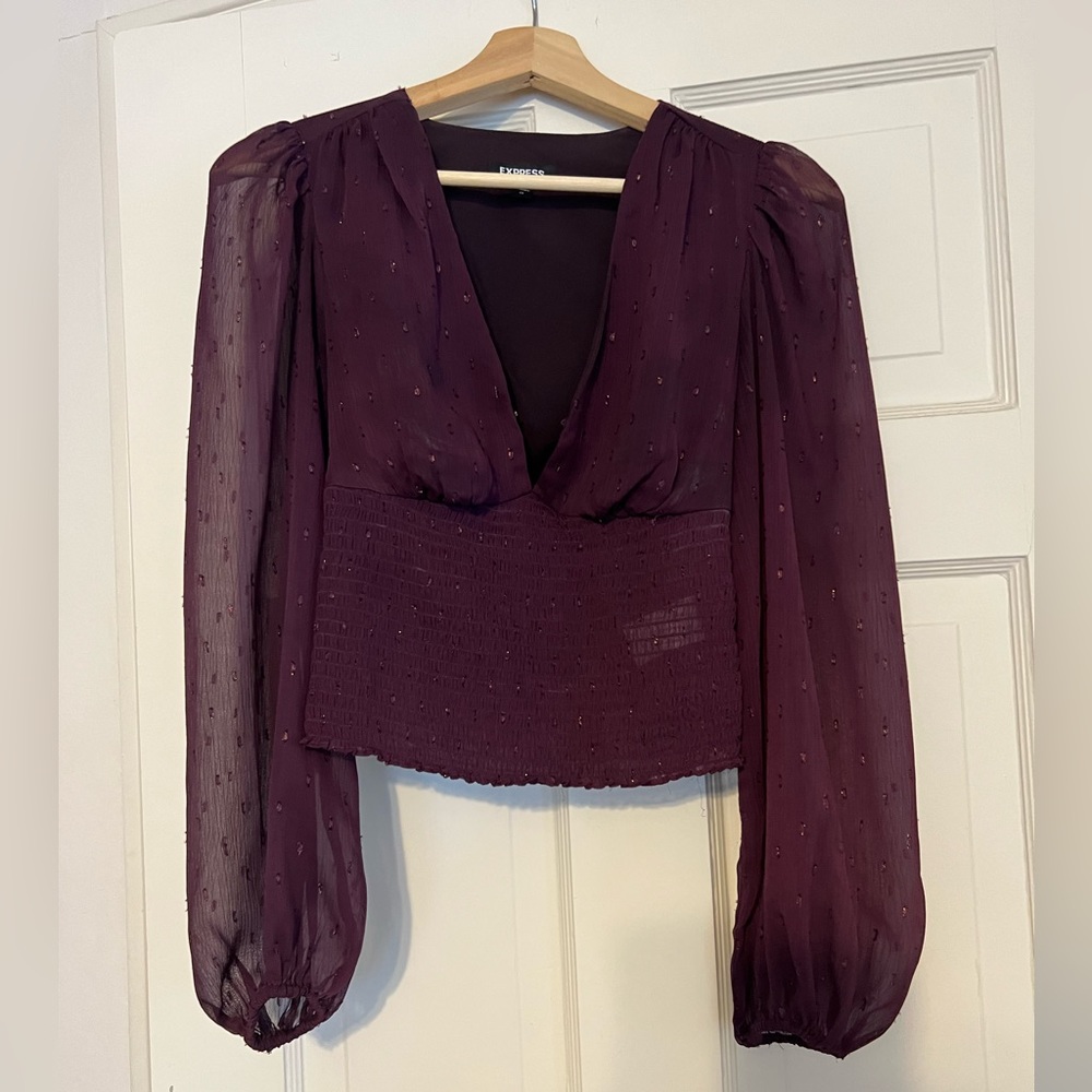 Express Purple Low Cut Blouse with Bell Sleeves and Shiny Embroidery